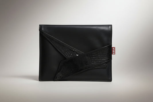 black leather evening purse with red  leather lining