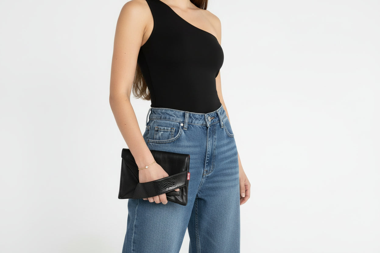 black leather evening purse with red  leather lining, genuine leather clutch evening purse Canada, unique minimalist leather evening purse for formal events